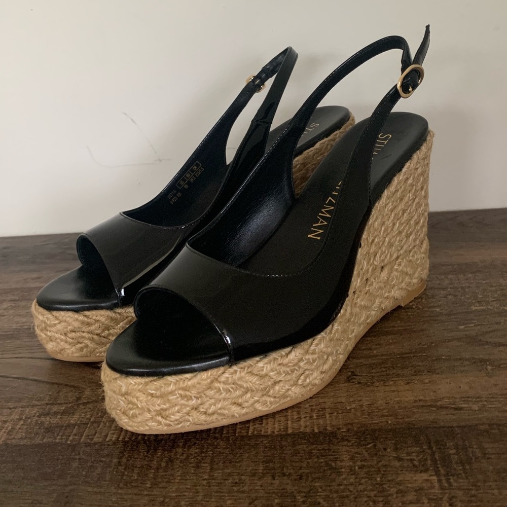 Stuart Weitzman Island Black Patent Leather Espadrille Wedges Sz 9 B